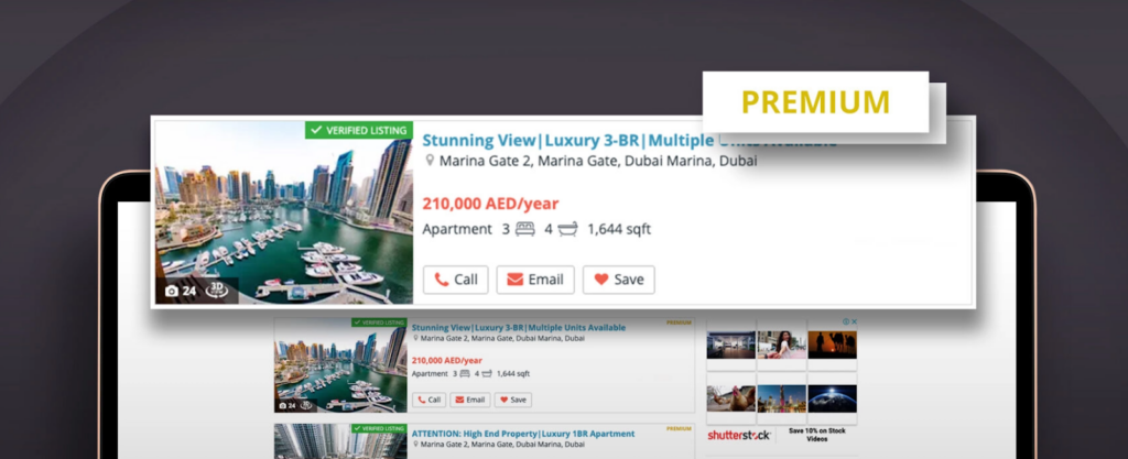 Screenshot of Crypto Property Finder's interface showcasing premium properties.